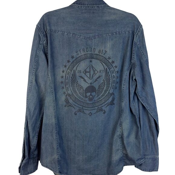 Helix Mens Denim Shirt Pearl Snap Graphic Long Sleeve Collared Button Size L Y2K - Picture 4 of 8